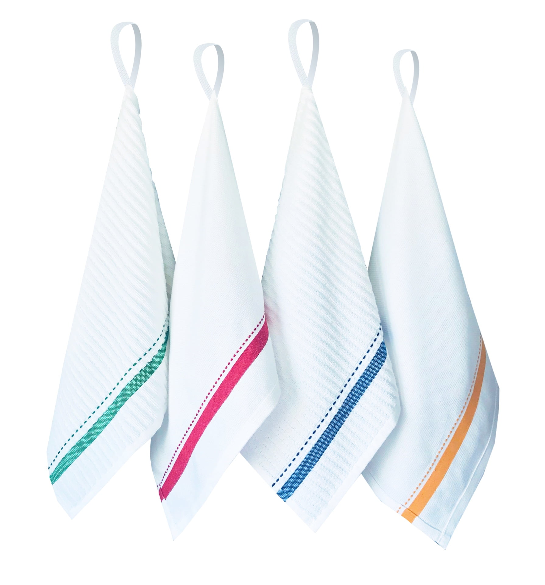 Elomelo, Flat and Terry Cotton Kitchen Towels Set with Hanging Loop, 4  Pack, White