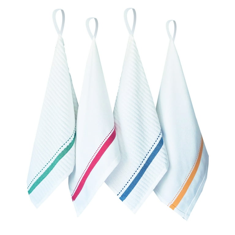 Elomelo, Flat and Terry Cotton Kitchen Towels Set with Hanging Loop, 4  Pack, White