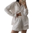 thumbnail image 2 of Yunliwuli Women’s 2 Piece Pajamas Set Long Sleeve Heart Print Button Up Shirt + Shorts Set Loungewear, 2 of 8