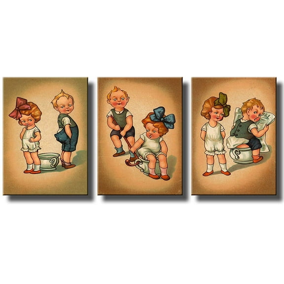 Boy and Girl Sharing Chamber Pot Potty Seat Bathroom 3 Panels Picture on Stretched Canvas, Wall Art Decor Ready to Hang!.