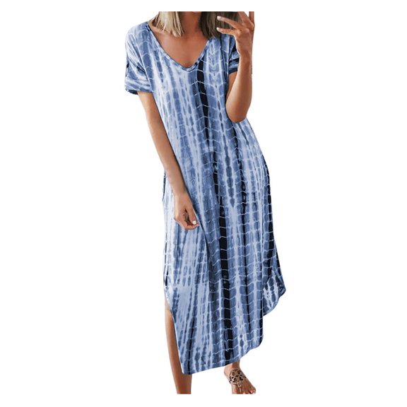 Leesechin Clearance Womens Dresses Plus Size Casual Tie-Dye Summer Floral Print V-Neck Short Sleeve Split Summer Long Dress