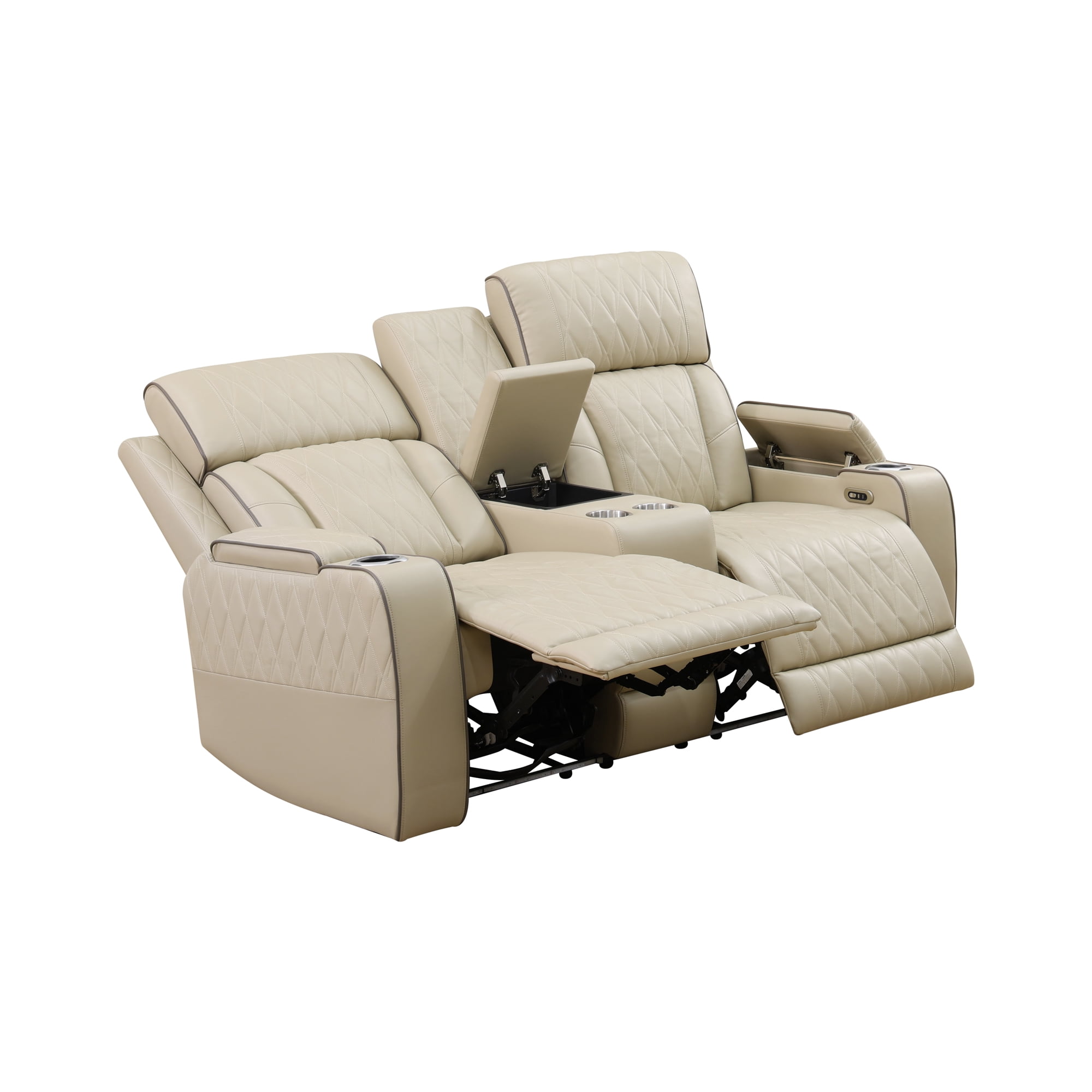 Gewnee Loveseat Power Reclining Multifunctional Sofa, Air Leather, Storage Console, Cup Holders,Khaki