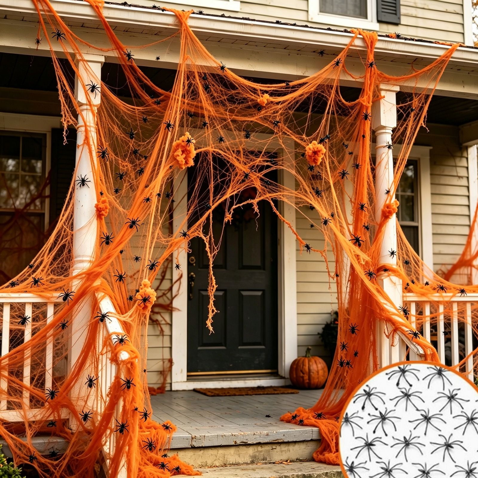 Halloween Stretch Spider Web 78.7inch with 20 Plastic Critters, Cotton Web Decor for Yard Patio Bar Halloween Party Indoor Outdoor, Orange