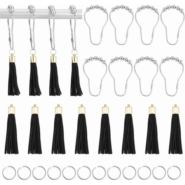 Juego de 12 ganchos decorativos para cortina de ducha, de hierro, con 12 borlas y 20 anillas abiertas.
