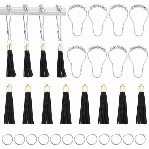 PH Decorative Shower Hook Set 12pcs Shower Curtain Hooks Rings Iron Shower Curtain Hangers Shower Curtain Hooks with 12pcs Tassels 20ps Open Jump Rings for Bathroom Shower Rod Towels