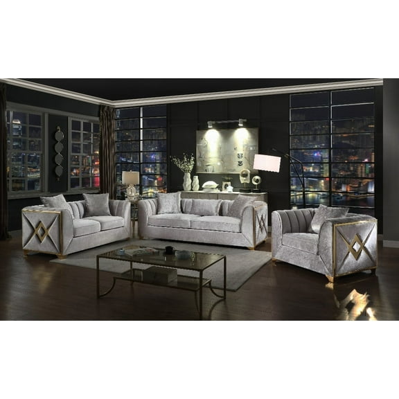 VELENCIA 3PC Modern Living Room Set - Solid Wood, Velvet Upholstery