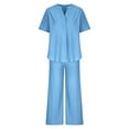 thumbnail image 5 of UVEASISHA Cotton Linen Sets for Women 2 Piece Office Work Outfits V Neck Short Sleeve Tops and Pants Set with Pockets Light Blue L, 5 of 7