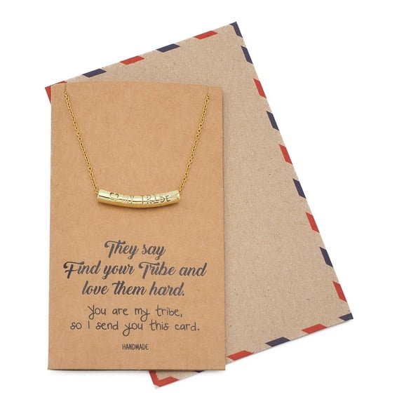 Quan Jewelry Heart My Tribe on Tube Pendant Necklace, Gifts for Women, Tribes Jewelry, Gifts for Her, with Inspirational Greeting Card (Gold)