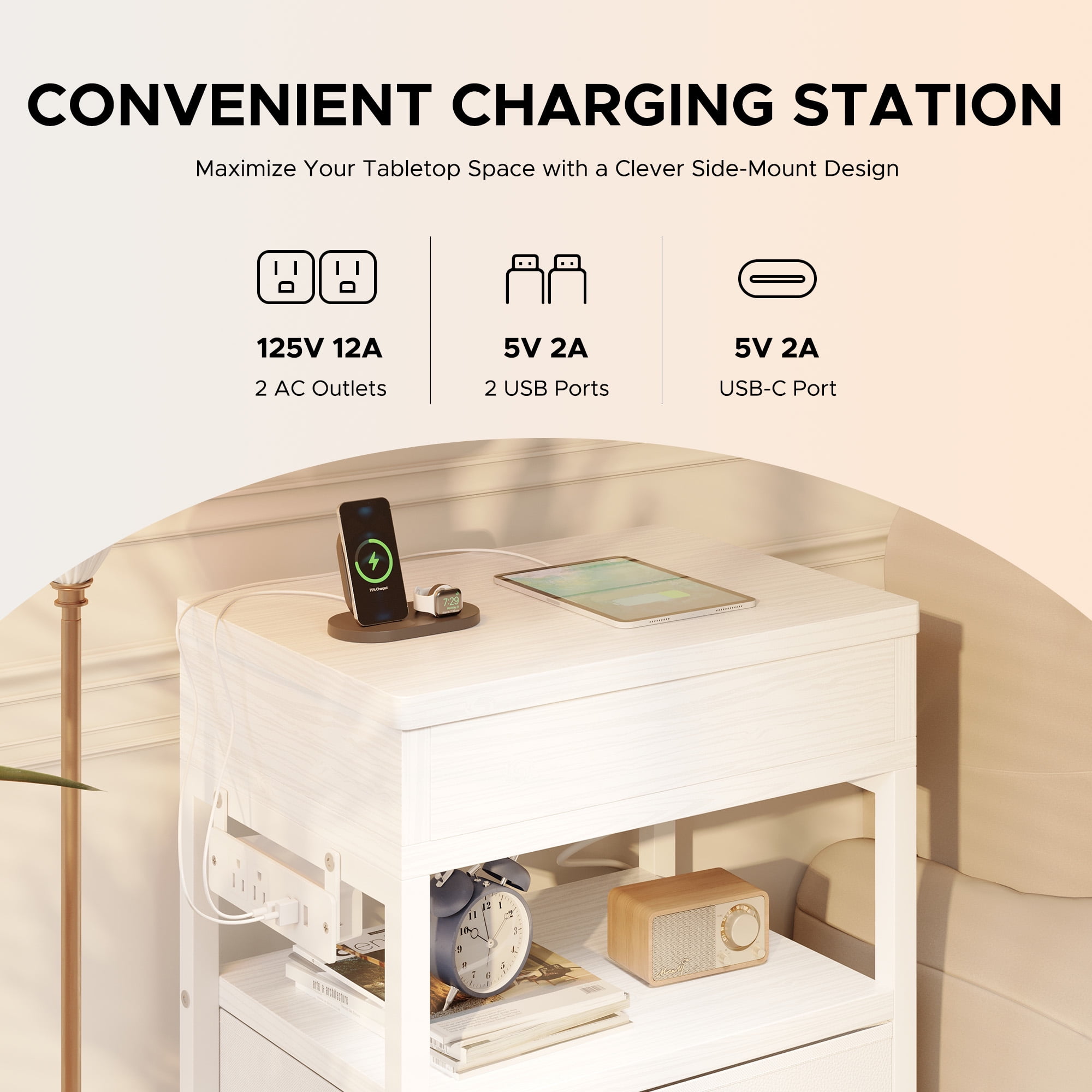 Bestco Nightstand with Sliding Top Modern End Table with Charging Station & 2 Drawers White