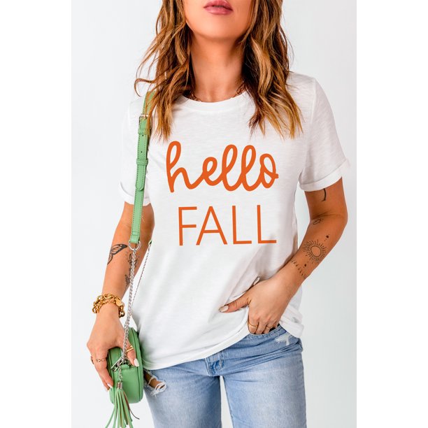 ABPHQTO Camiseta blanca de manga corta Hello Fall Calling Up Realxed para mujer