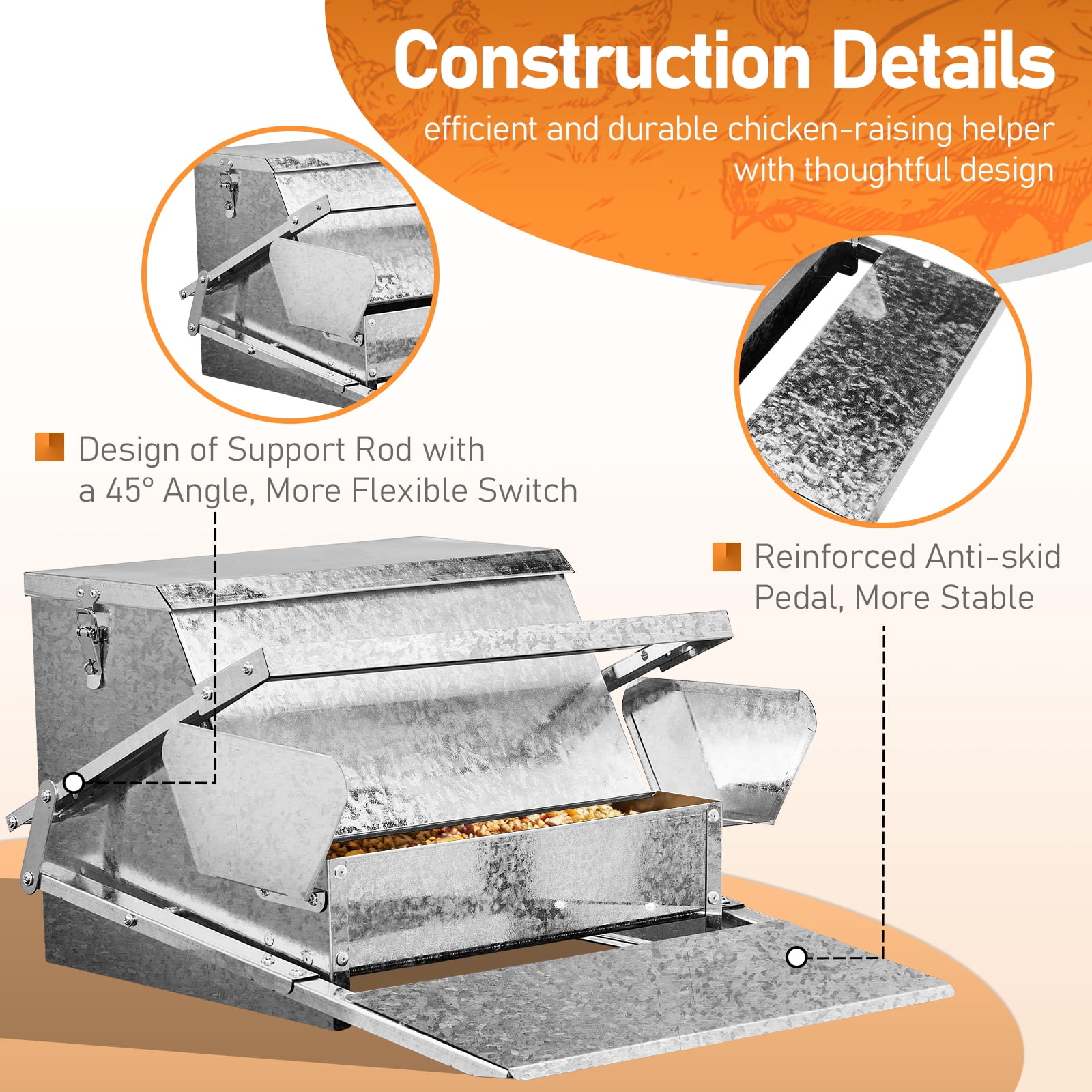 Ktaxon Treadle Poultry Feeder, Large Capacity Galvanized Metal Dispenser with Locking Lid, Weatherproof