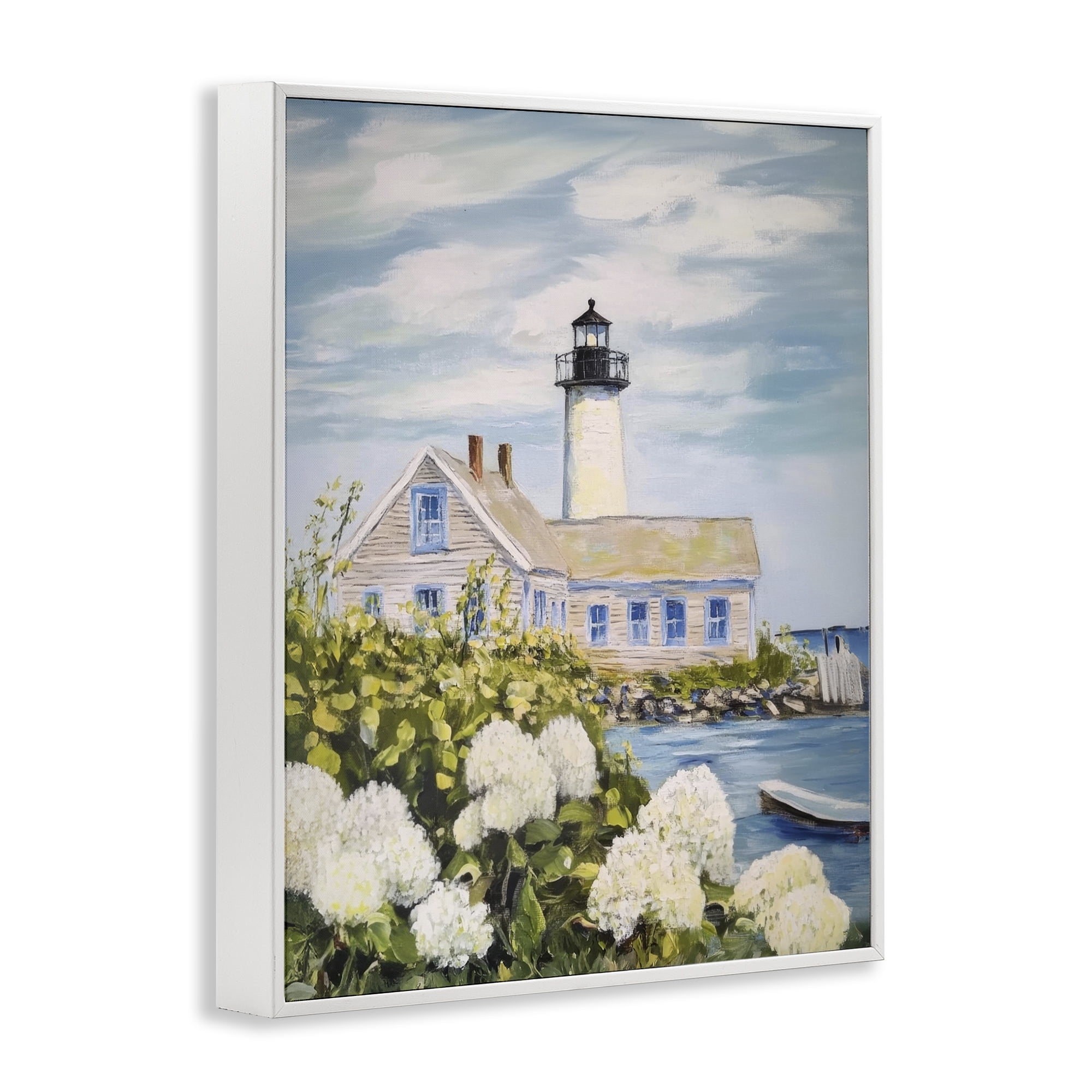Stupell Industries Lighthouse Scenery with Hydrangeas White Framed Giclee Art, design by Sisi and Seb