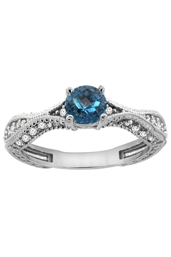 14K White Gold Natural London Blue Topaz Round 5mm Engraved Engagement Ring Diamond Accents, size 7.5