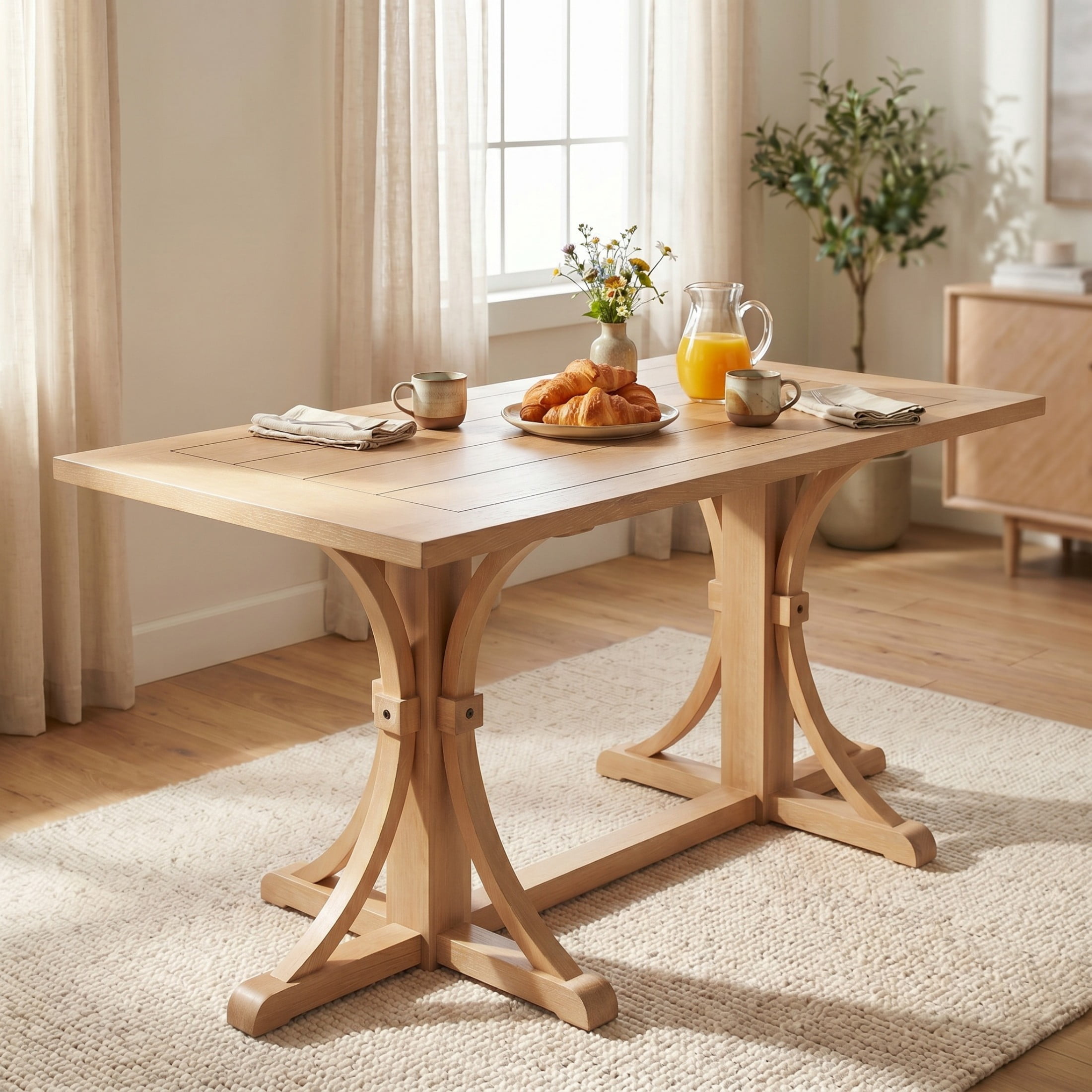 Aukfa 60" Solid Wood Farmhouse Dining Table for 6, Natural Oak Kitchen Table with Trestle Base, Natural