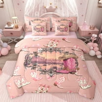 Castle Fairy Cowgirl Boots Hats Twin Bedding Sets 7-Piece for Adults Boys Girls,Western Theme Bedding Comforter Set Microfiber,Southwestern Vintage Aesthetic Breathable Sheet Sets