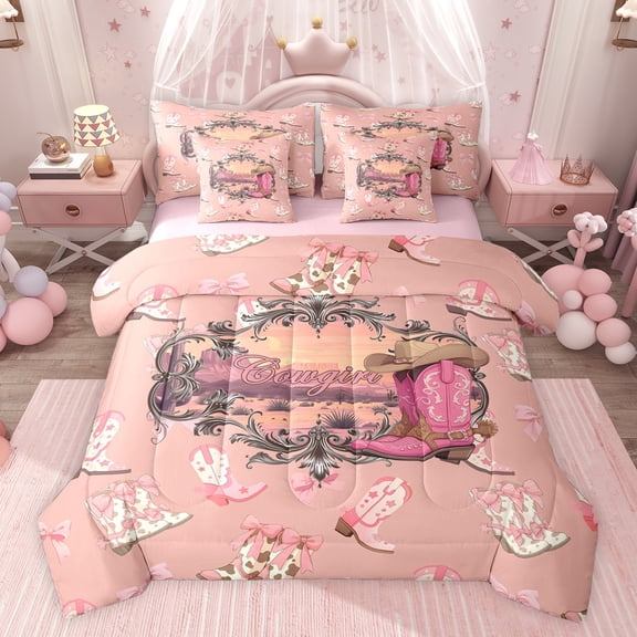Castle Fairy Cowgirl Boots Hats Twin Bedding Sets 7-Piece for Adults Boys Girls,Western Theme Bedding Comforter Set Microfiber,Southwestern Vintage Aesthetic Breathable Sheet Sets