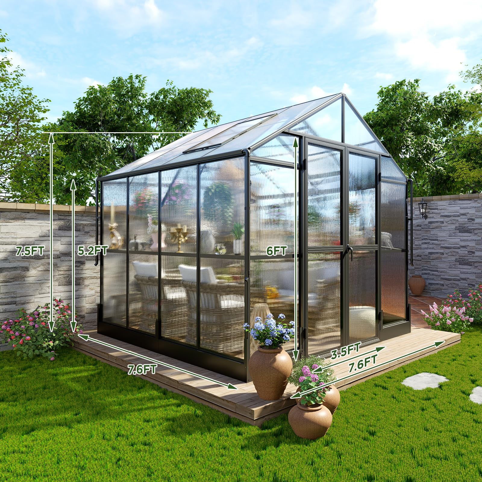 Jocisland 8x8x7.5 ft Outdoor Aluminum Polycarbonate Walk in Greenhouse with Ventilation and Rain Gutter, Double Doors with Hook for Outdoors (Black)
