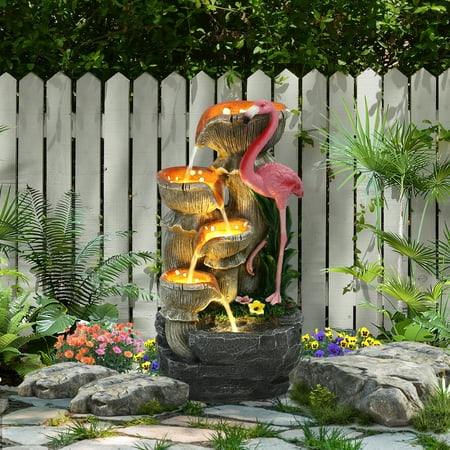 Haverchair 5 Tier Outdoor Flamingo Rock Fountain with Running Water, Bird Decorative Art with 5 LED Lights for Garden, Backyard and Porch, 24.4" H Cascading Stone Fountain