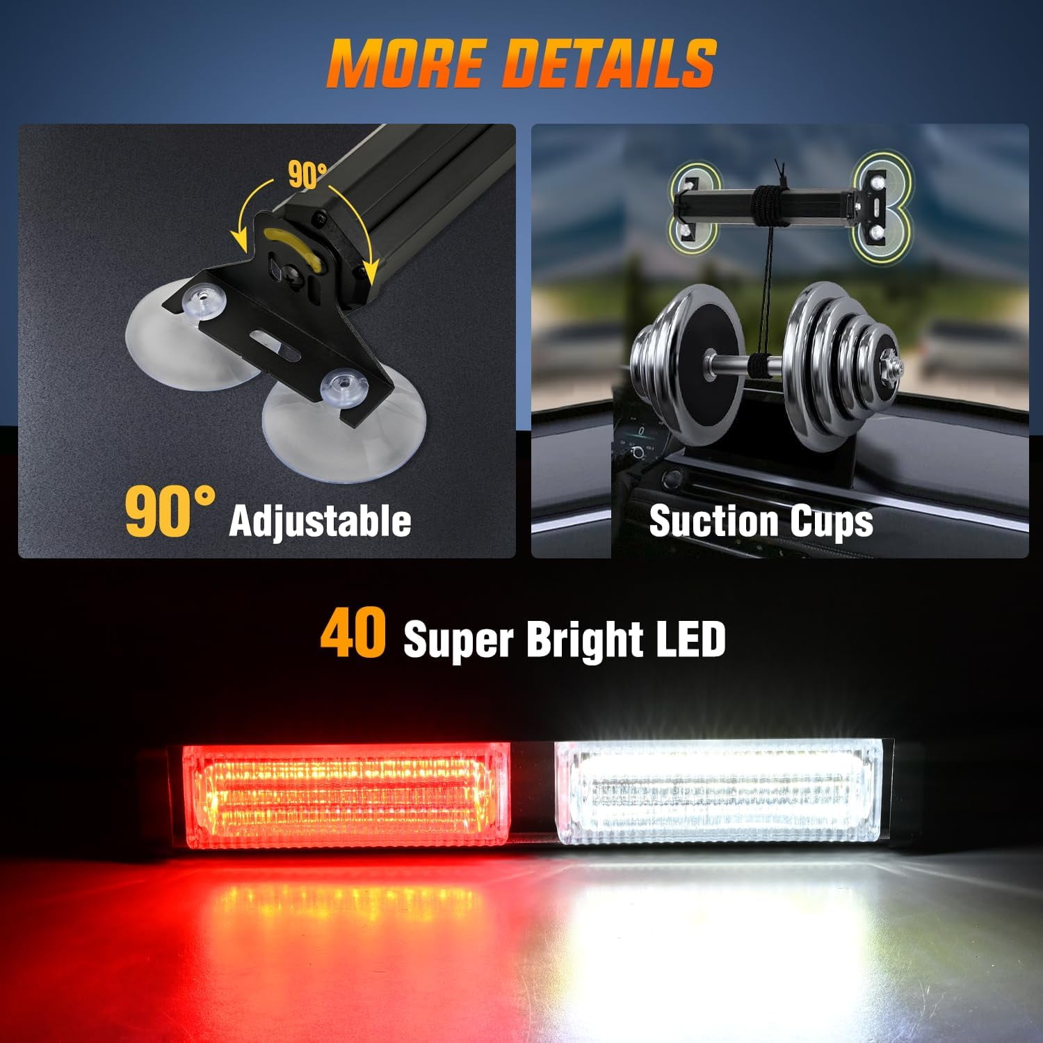 Nilight 40LED Red White Emergency Strobe Advisor Light Bar with Suction Cups Dash Safety Warning Hazard Flashing Lights Interior Front/Rear Windshield for Trucks Construction Vehicles