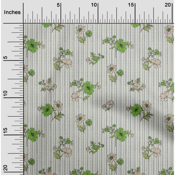 oneOone Cotton Silk Light Green Fabric Stripe|Leaves & Floral Artistic Fabric For Sewing Printed Craft Fabric By The Yard 42 Inch Wide