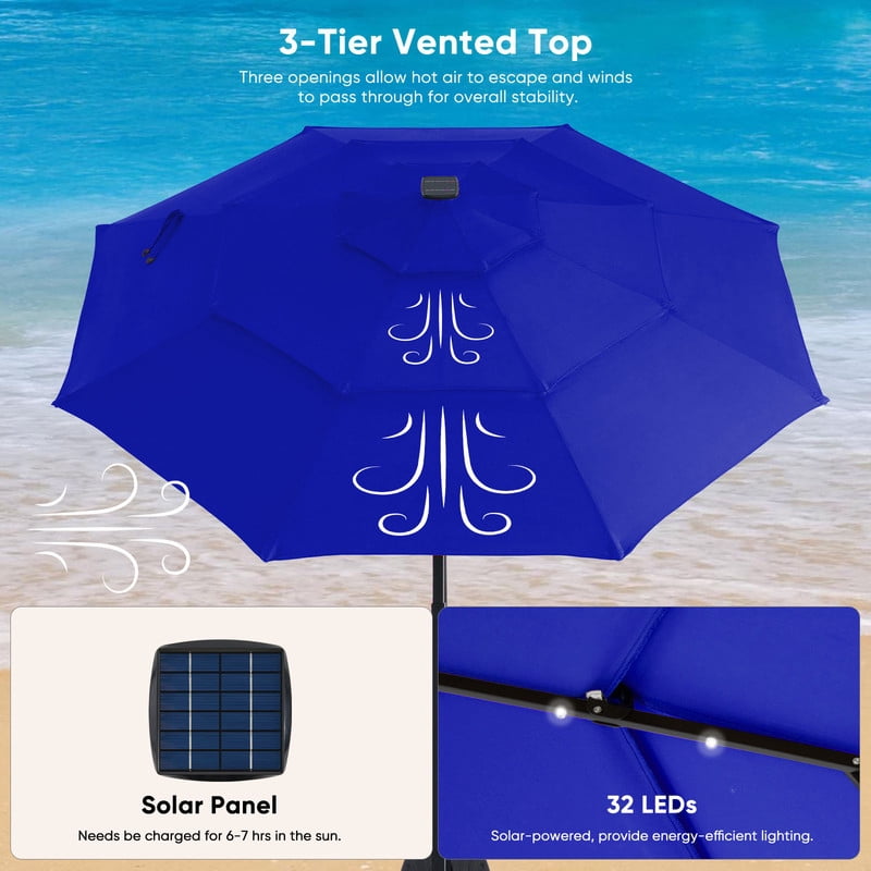 Gianna 10FT 3-Tier Solar Patio Umbrella with 32 LED Lights, Outdoor Umbrellas with Push Button Tilt and Crank,Navy Blue