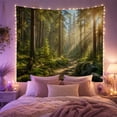 thumbnail image 2 of Golden Sunbeams in a Misty Evergreen Forest with Winding Path, Serene Boho for Nature Lovers, Peaceful Forest Wall Art, Housewarming Gift, Tapestry Wall Hanging for Living Room and Bedroom, 2 of 7