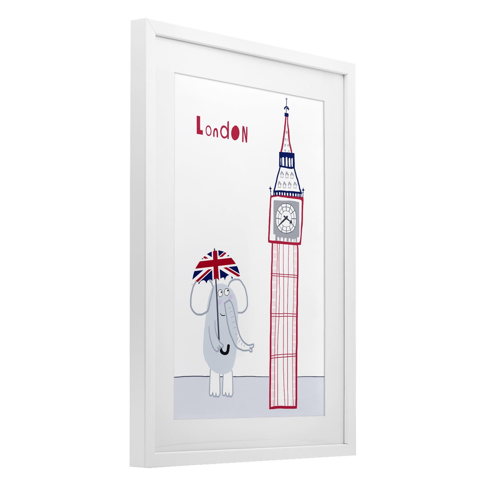 Elephant & Big Ben London White Framed Print Under Glass, design by Carla Daly