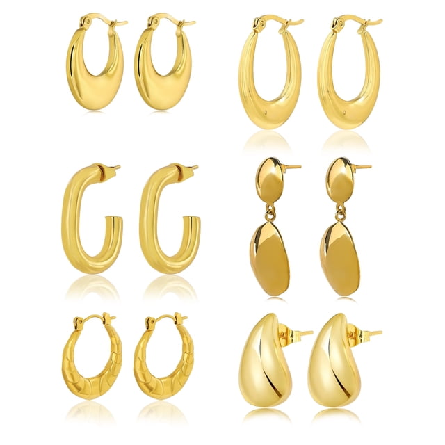 Pendientes de Moda JeenMata Juego de 6 Pares Baño de Oro Amarillo Hipoalergénicos