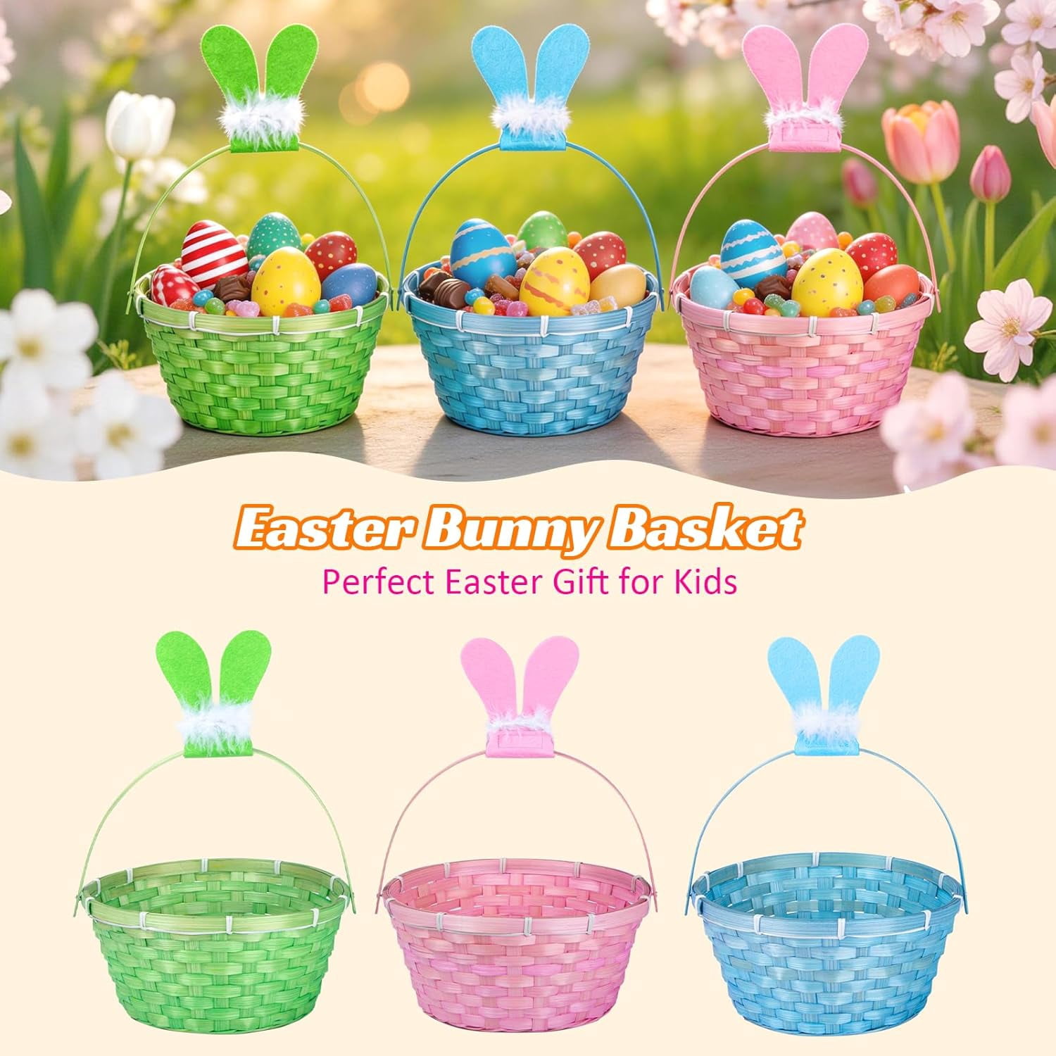 3 PCS Easter Bamboo Baskets Gift with Bunny Ears and Handle, Bunny Easter Basket Woven Easter Eggs Hunting Bucket, Wicker Candy Toys Storage BucketBaskets with Handle for Picnic, Party Favors