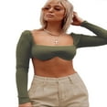 thumbnail image 1 of Women‘s Rib Knit Crop Tops Long Sleeve Square Neck Solid Color Stretchy Super-Short T-Shirts Bra Brown XL, 1 of 2