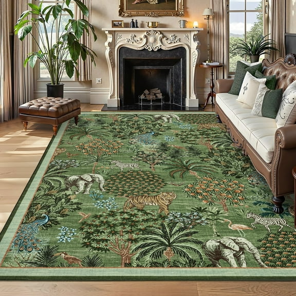 Hasoo Light Green 9x12 Jungle Rugs for Living Room Washable Non Slip Forest Anmial Print Bedroom Indoor Modern Carpet