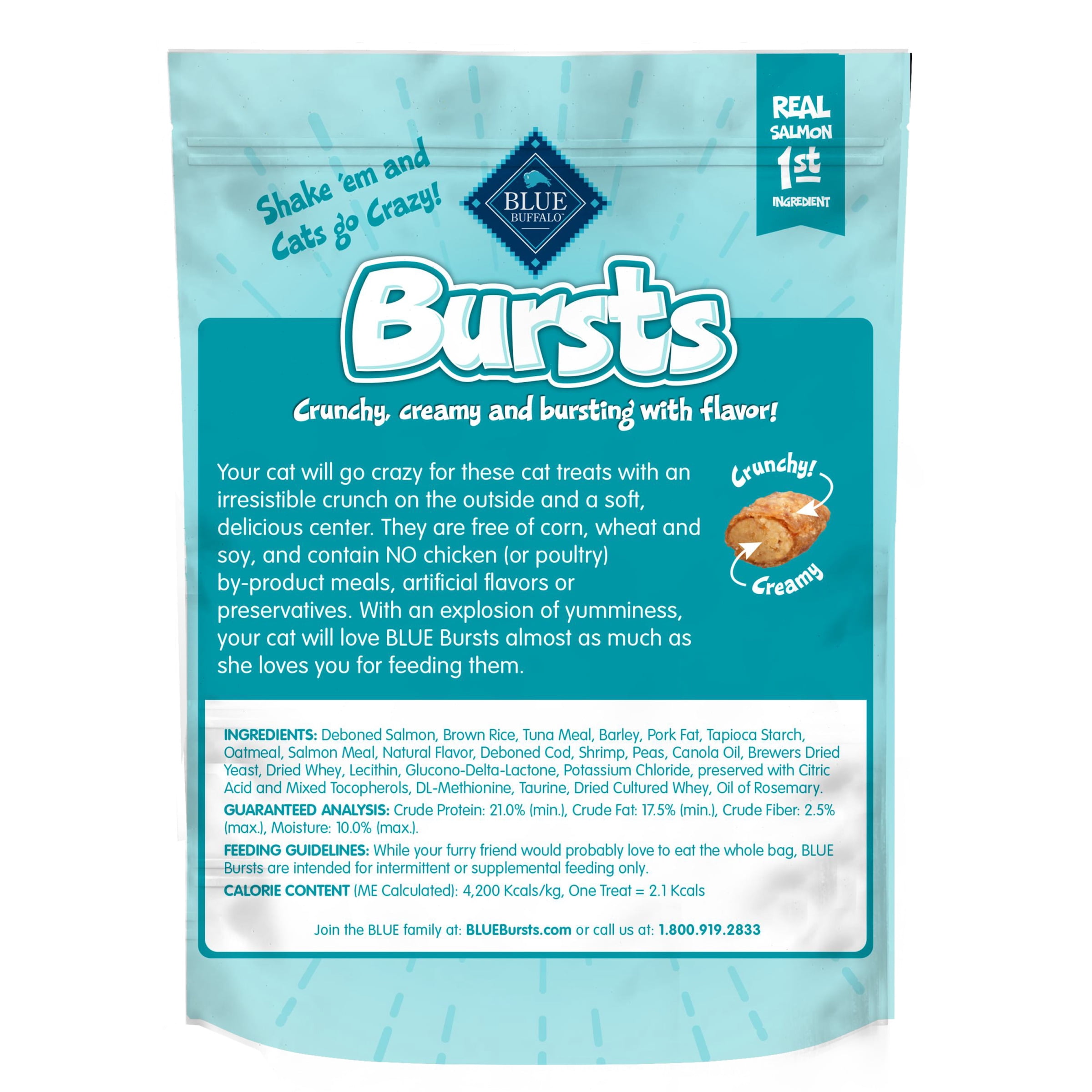 (2 pack) Blue Buffalo Bursts Crunchy & Creamy Cat Dry Treats, Great for Training, Seafood, 5-oz. Bag