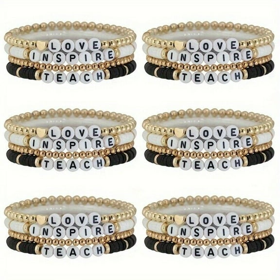 6pcs Handmade Teacher Appreciation Stackable Bracelets Colorful Soft Clay Love Teaching Motivation Letter Beaded Adjustable Bracelet Sweet Teacher Gift for Women