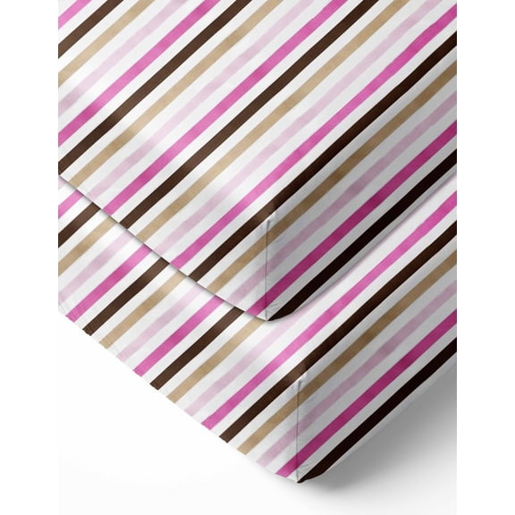 Bacati - Mod Stripes Crib/Toddler Bed Fitted Sheets 100% Cotton Percale, Pink/Choc, 2-Pack