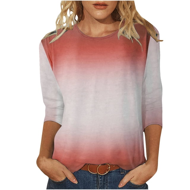 Pompotops T-shirt Imprimé Mode pour Femmes Manches 3/4 Mi-Longueur Blouse Col Rond Tops Décontractés Liquidation