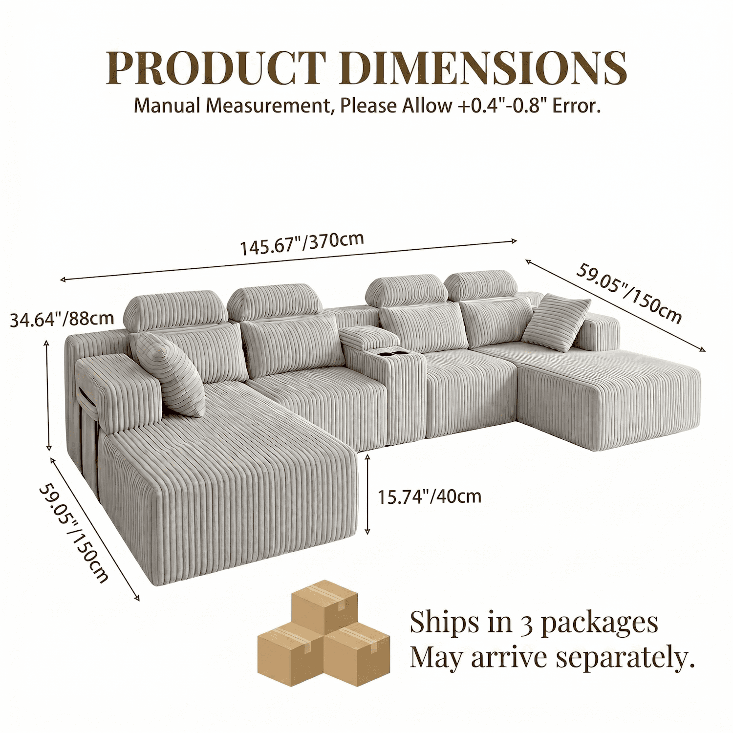 Xiweot Cloud Couch Modular Sectional Sofa, 146" Oversized 6 Seat U Shaped Convertible Couch with Chaise, Cup Holders & Storage, Corduroy Comfy Upholstered Deep Seat Sofa for Living Room, Gray