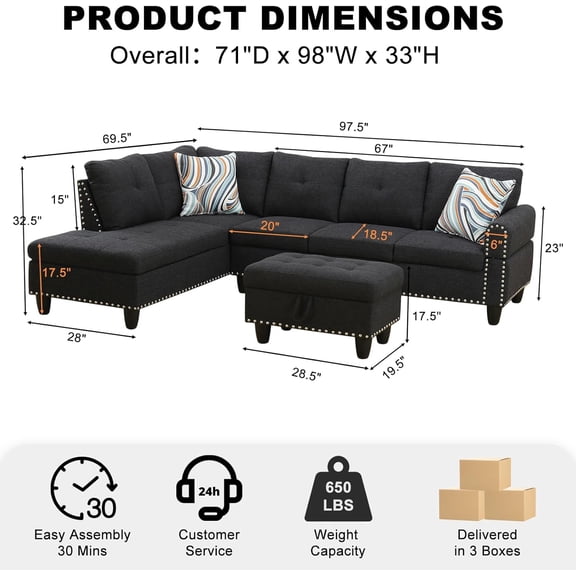 Howcool Sectional Sofa Couch, Modern 4-Seaters Living Room Furniture Sets with Chaise Lounge, Ottoman & 2 Pillows, L Shape Couch ,Cup Holder, Linen Fabric,Charcoal Gray