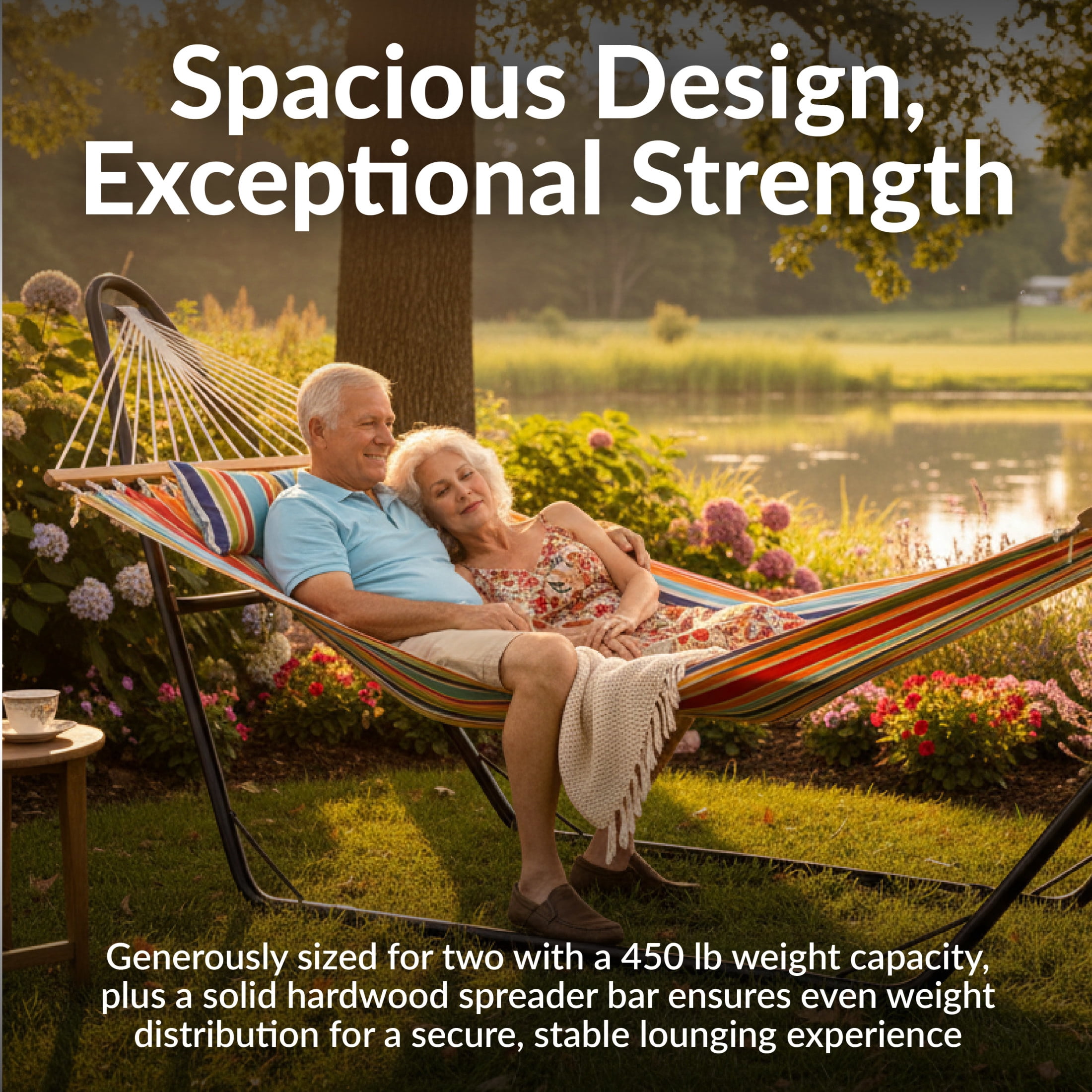 Sunnydaze 2-Person Polyester Spreader Bar Hammock with Stand, 440 lb Capacity - Caribbean Stripe