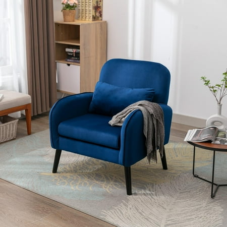 Modern Velvet Fabric Accent Arm Chair Upholstered Living Room Single Sofa Chair with Wood Legs Comfy Reading Armchair for Small Spaces Apartment Bedroom Office Navy L0415