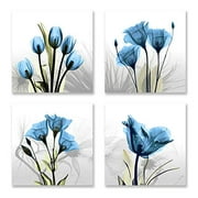 Flower Painting Modern Abstract Blue Tulip Artwork Vivid Floral Canvas Print Picture in 4 Panels for Wall Art