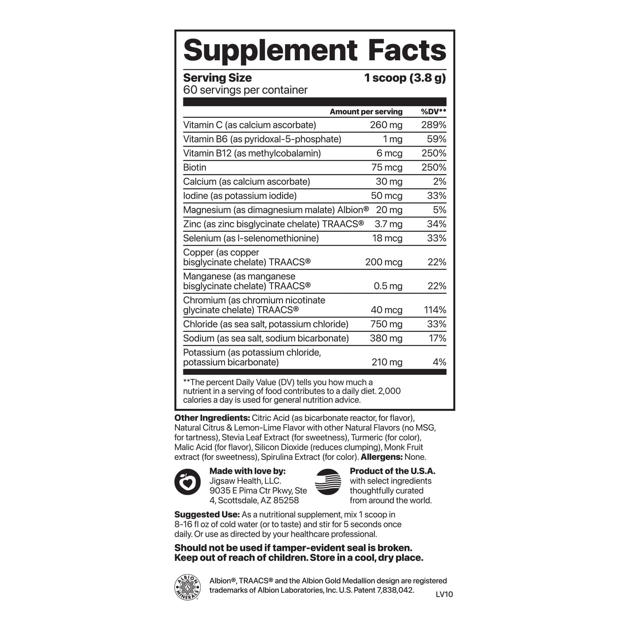 Jigsaw Health - Electrolyte Supreme - Great Lemon-lime Flavor - Broad Spectrum of Electrolytes + trace minerals - 60 Servings (Lemon Lime, Jar)