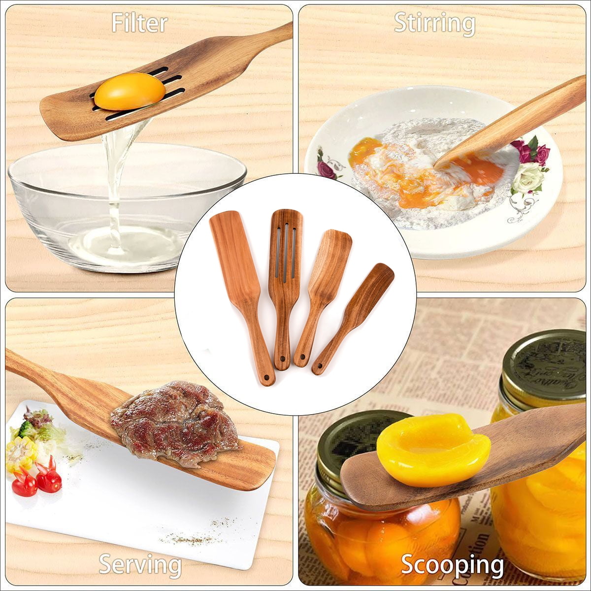 Wood Kitchen Spatula Set, 4pcs Natural Teak Wooden Spoons Non Stick Cookware Utensil Set for Cooking