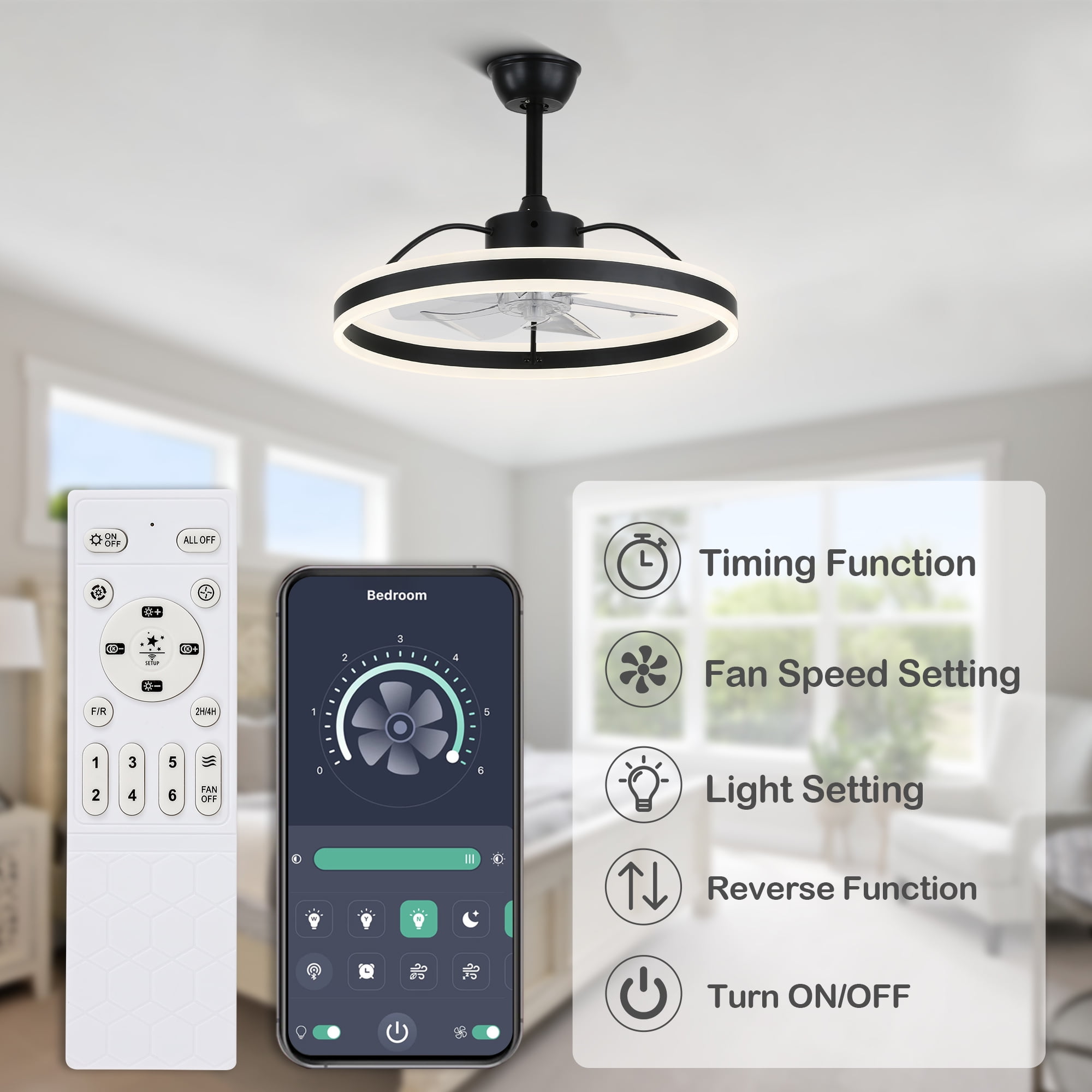 24" Modern Reversible Ceiling Fan with Dimmable Light, 6-Speed Ceiling Fan with Remote and APP Control
