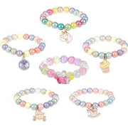 BTHRORO 6pcs Colourful Beaded Bracelets for Kids, Unicorn Ice Cream Crown Charm Bracelets for Princess Pretend Play Dress Up Gifts