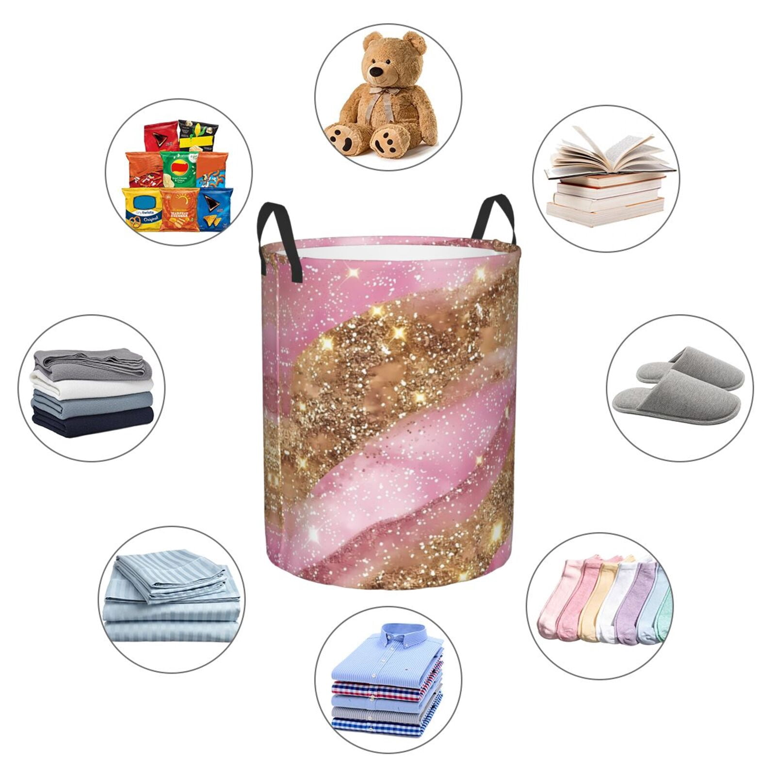 Large Laundry Basket with Handles - Pink and Gold Glam Glitter Kids Baby Dirty Clothes Laundry Hamper for Bedroom Aesthetic