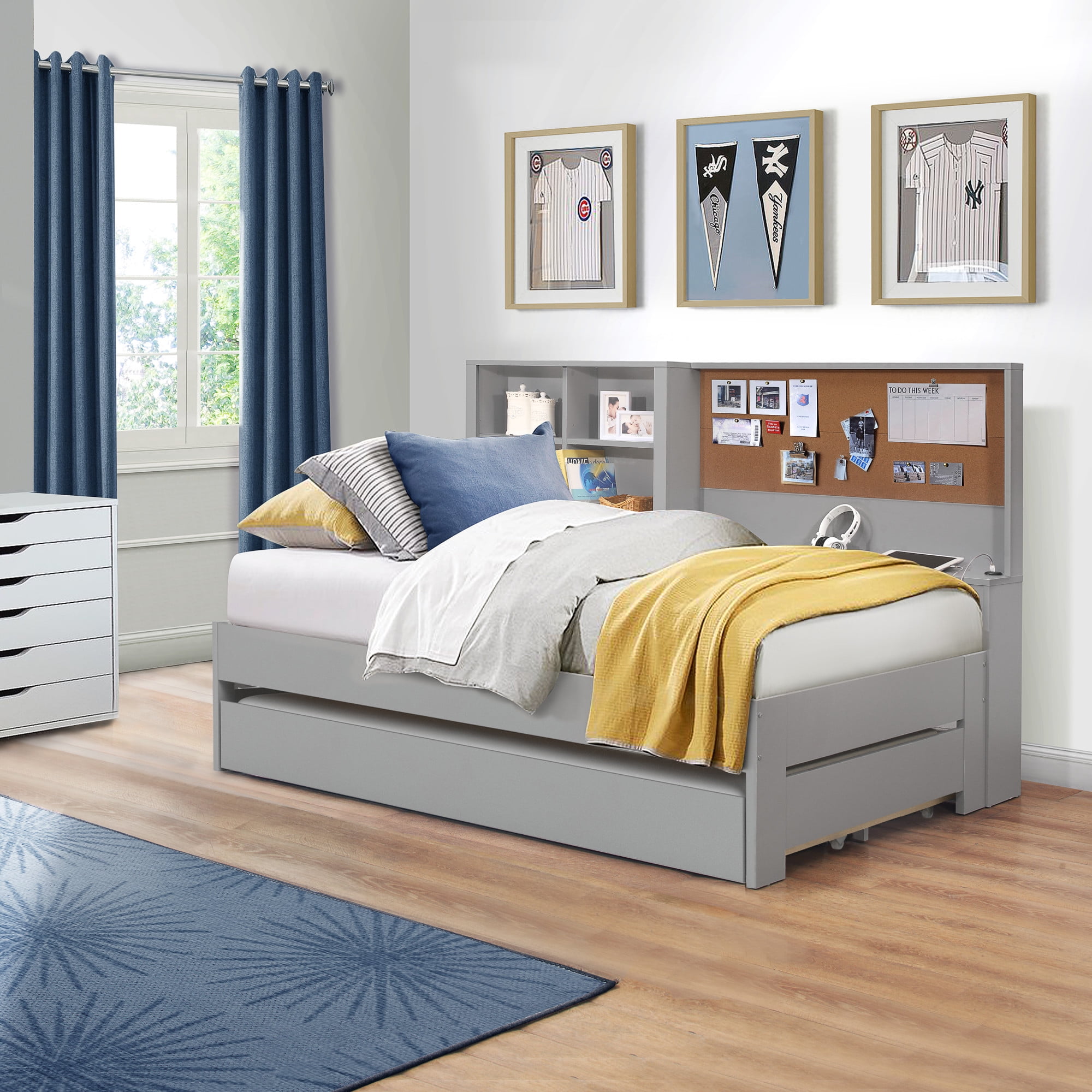 Breslin Bookcase Twin Bed With Trundle, Twin Trundle Bed With Bookcase Headboard