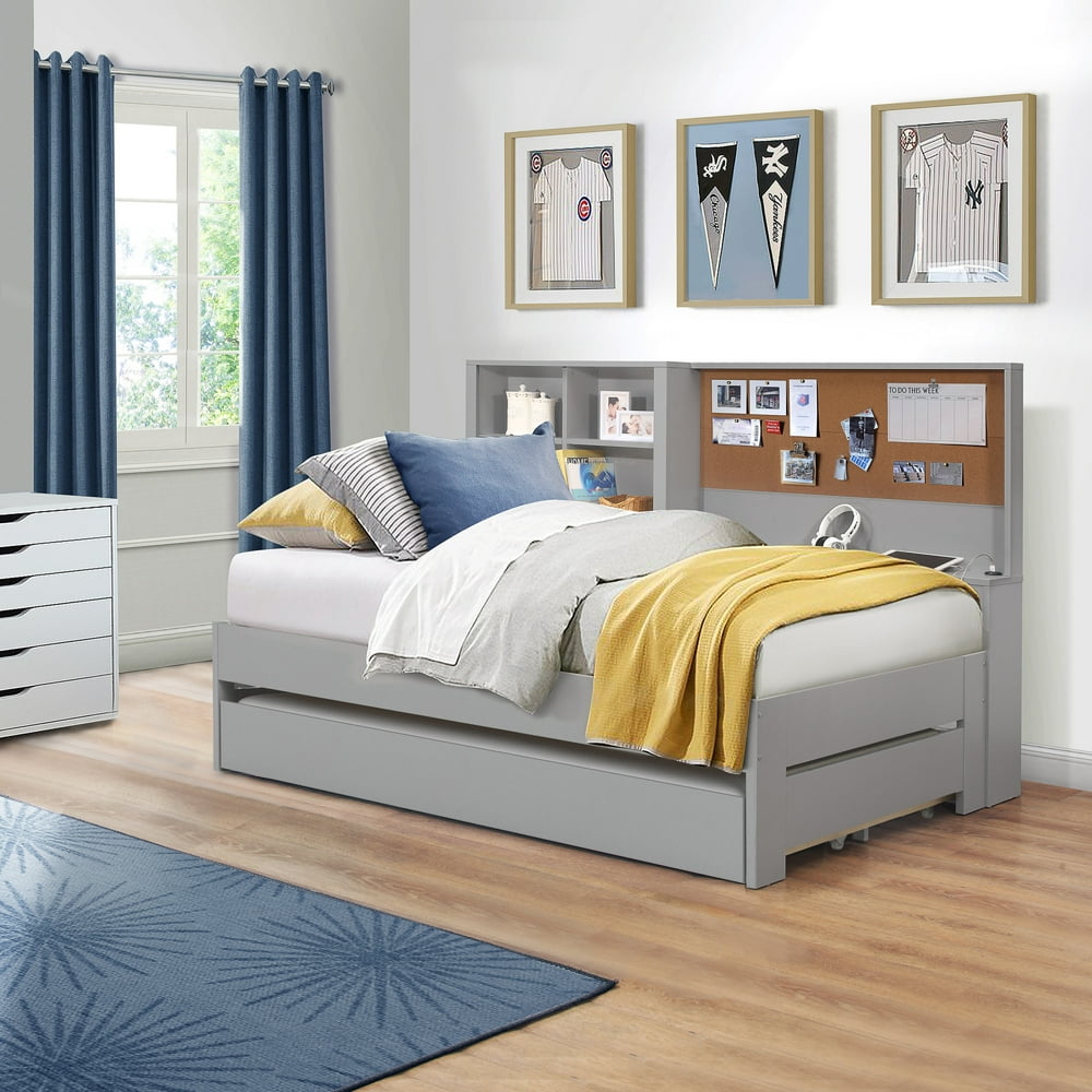 Breslin Bookcase Twin Bed with Trundle and 1 USB Port, Gray, by