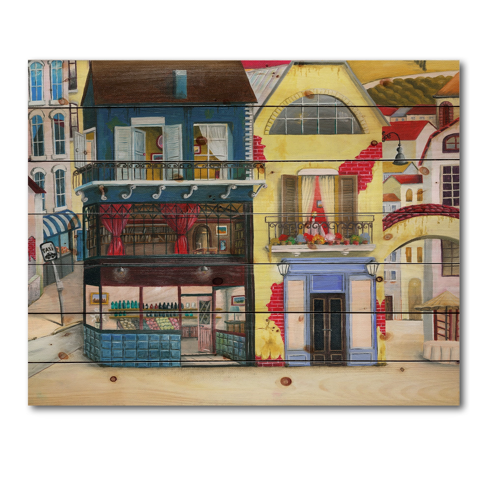 Designart 'The Colorful Facade of The Buildings In A Cozy Streets' French Country Print on Natural Pine Wood