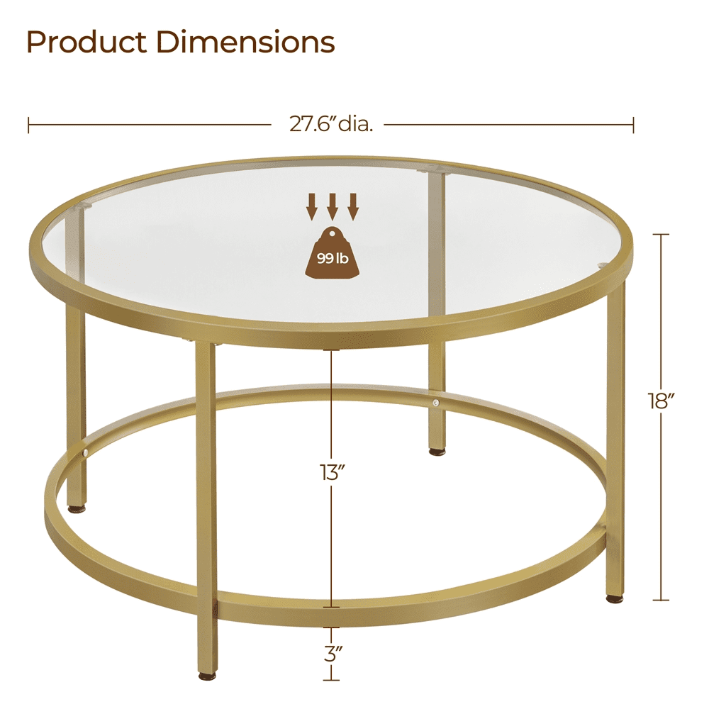Renwick Modern Glass Top Coffee Table with Adjustable Foot Pads, Gold