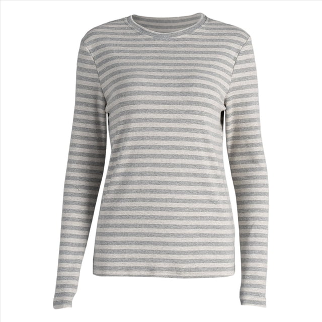 Camiseta de Larga A Rayas para Mujer, Cuello Redondo, Corte Holgado Gris S